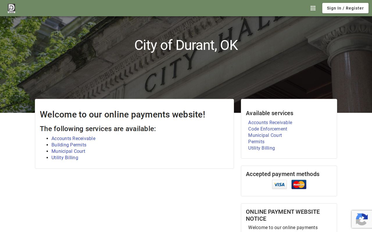 Durant warrant records in Bryan County municipal payment portal