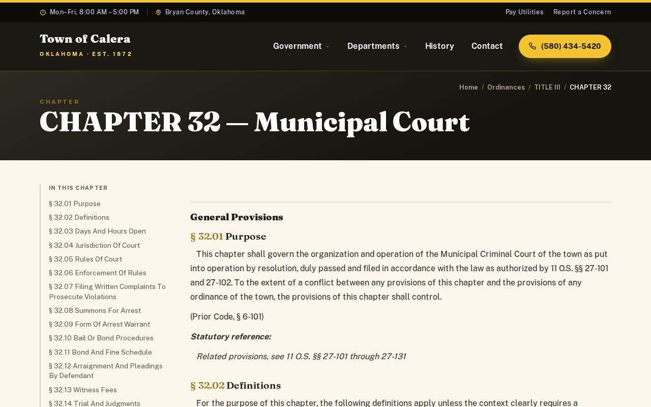 Calera warrant records in Bryan County municipal court code