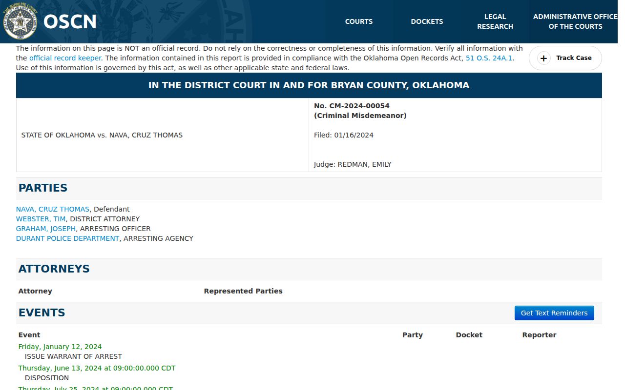 Bryan County arrest warrant lookup OSCN arrest event