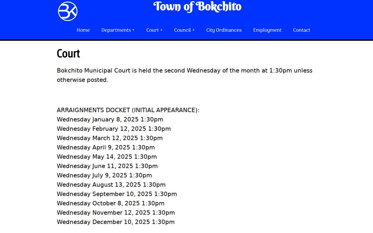 Bokchito warrant records in Bryan County municipal court arraignment schedule
