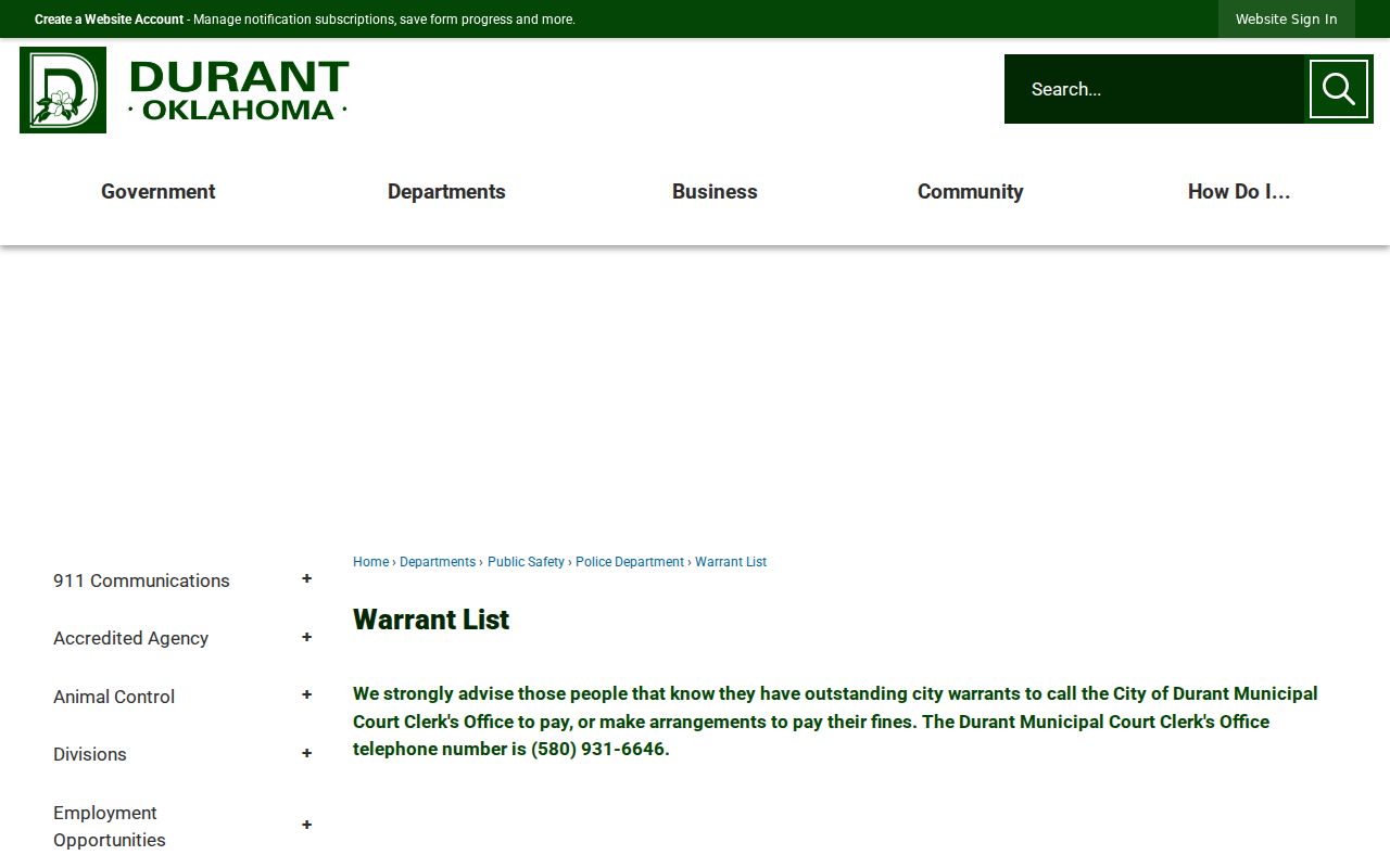 Bryan County active warrant search Durant warrant list page